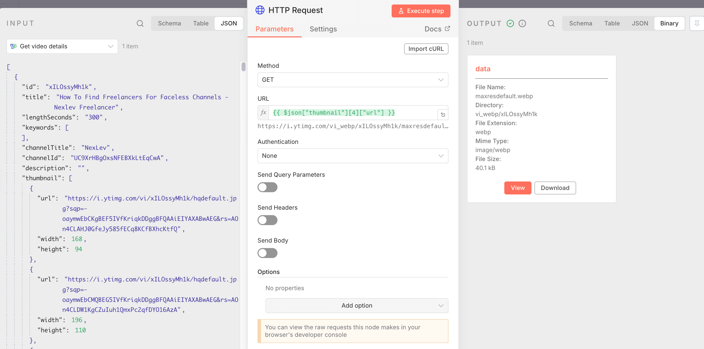HTTP Request node configuration for downloading thumbnails