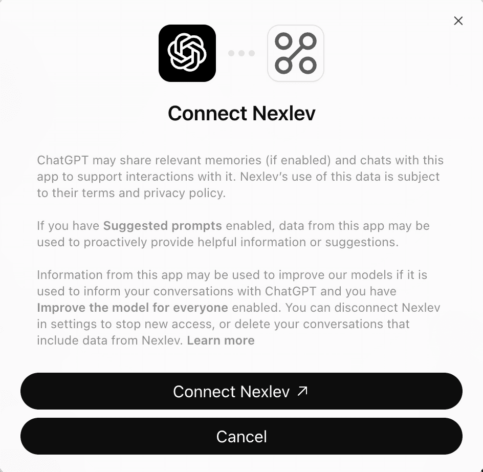 ChatGPT's Connect Nexlev window with the Connect Nexlev and Cancel buttons