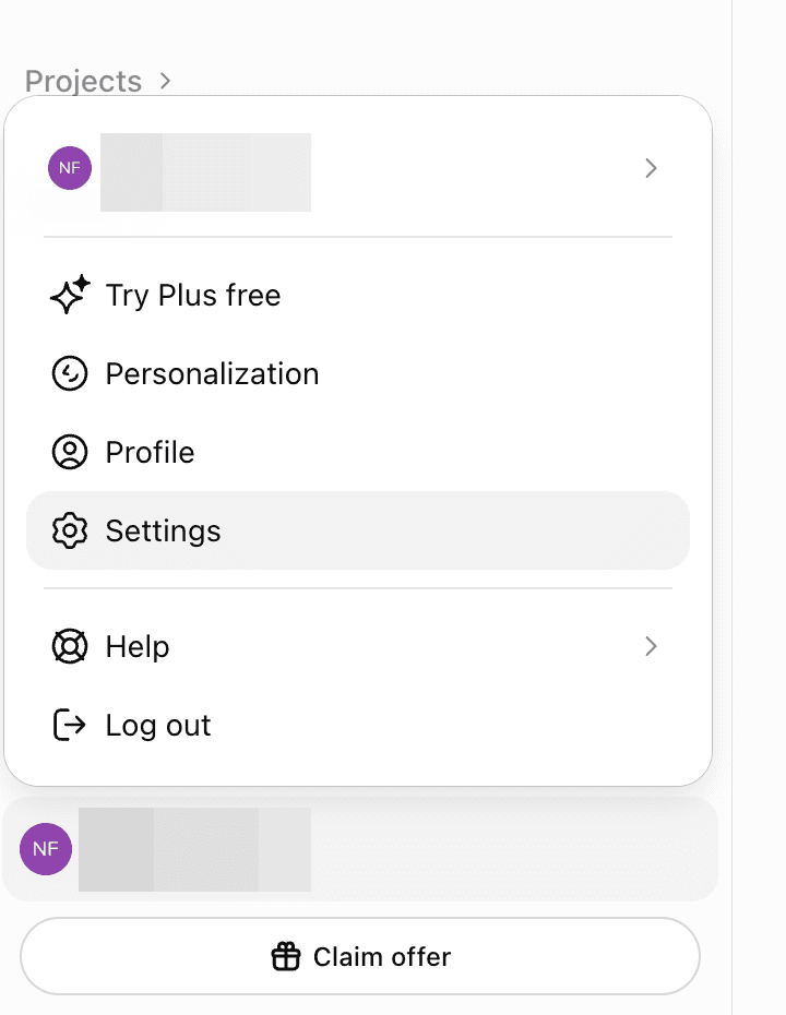 ChatGPT profile menu with Settings highlighted