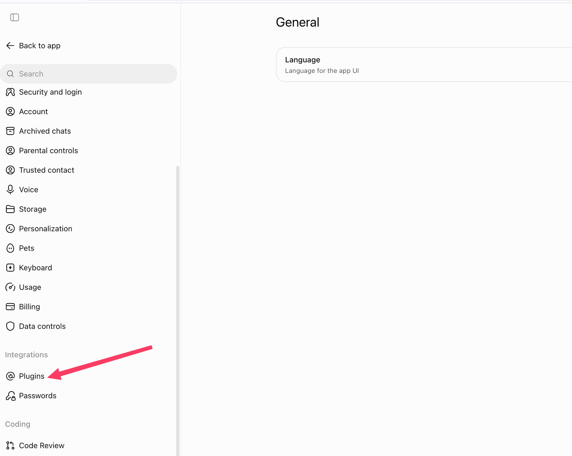 ChatGPT Settings with Plugins highlighted under Integrations in the sidebar