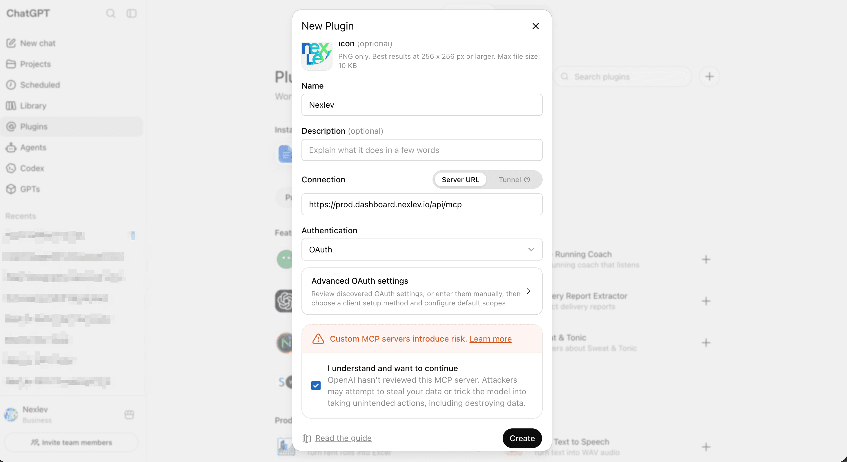 The New Plugin dialog filled in with the NexLev server URL and OAuth authentication