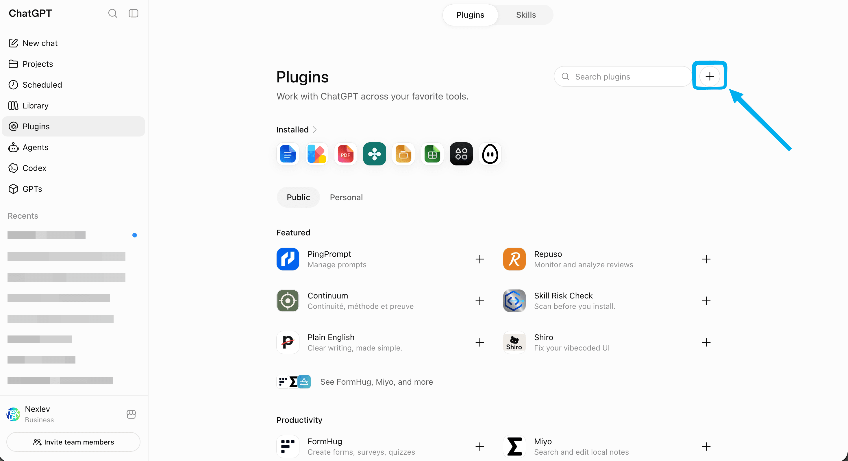 The ChatGPT Plugins page with the + button highlighted