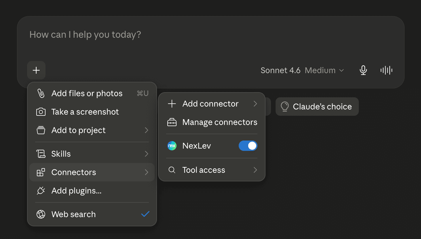 Verify NexLev connector is enabled in Claude chat