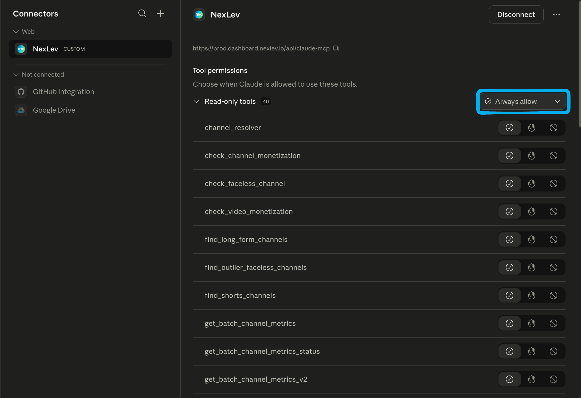 Set NexLev tool permissions to Always allow in Claude