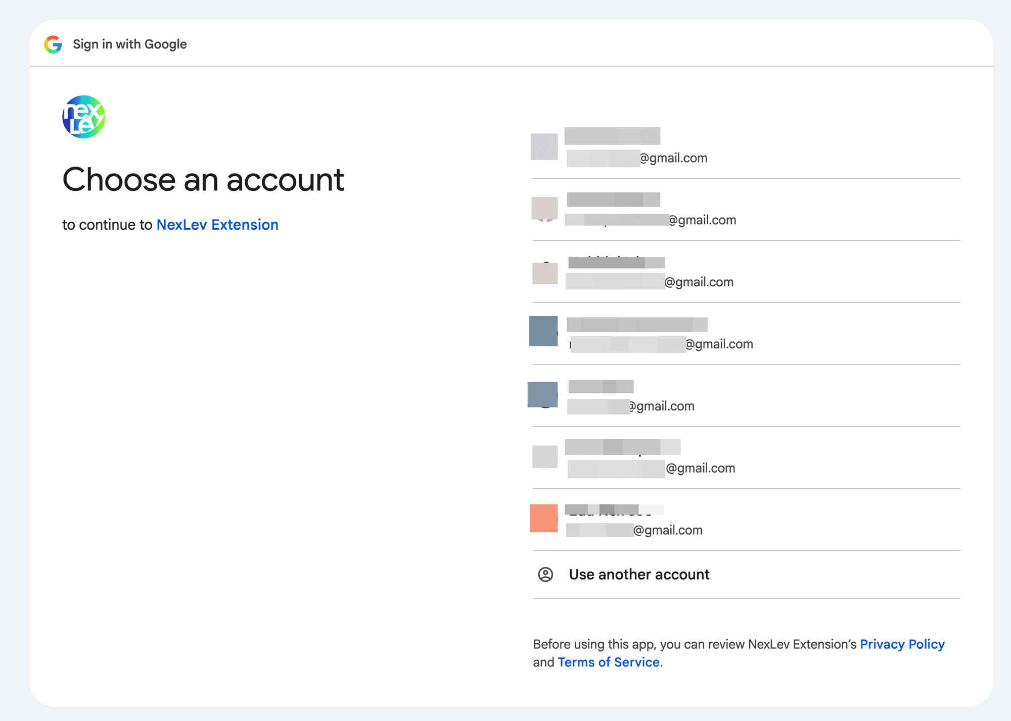 Google's Choose an account screen listing several Google accounts