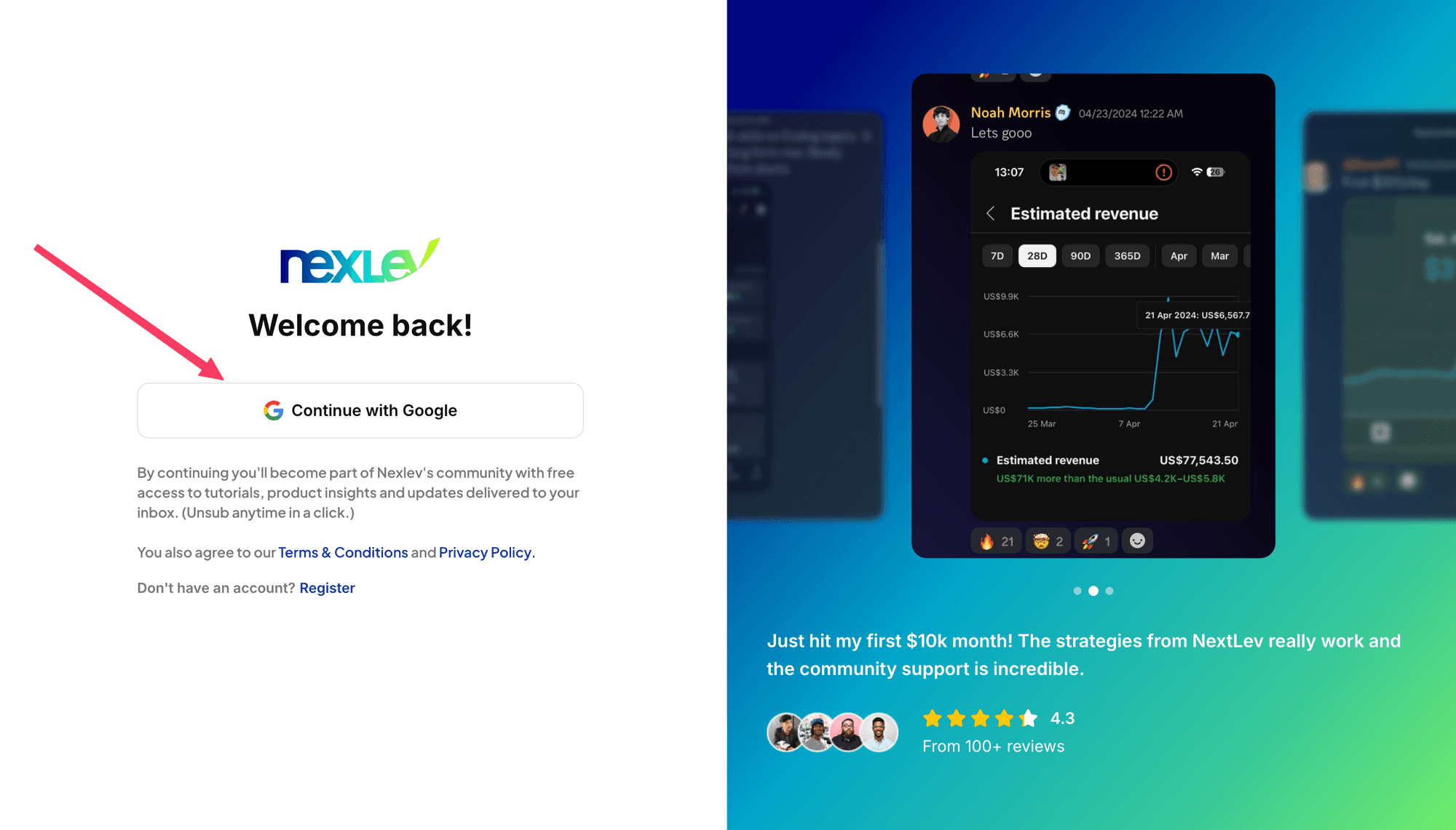 NexLev dashboard sign-in screen with the Continue with Google button highlighted