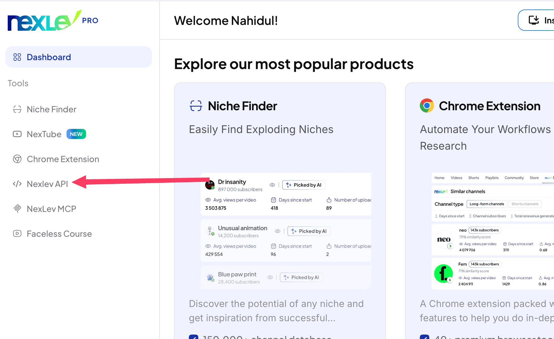NexLev dashboard sidebar with Nexlev API highlighted