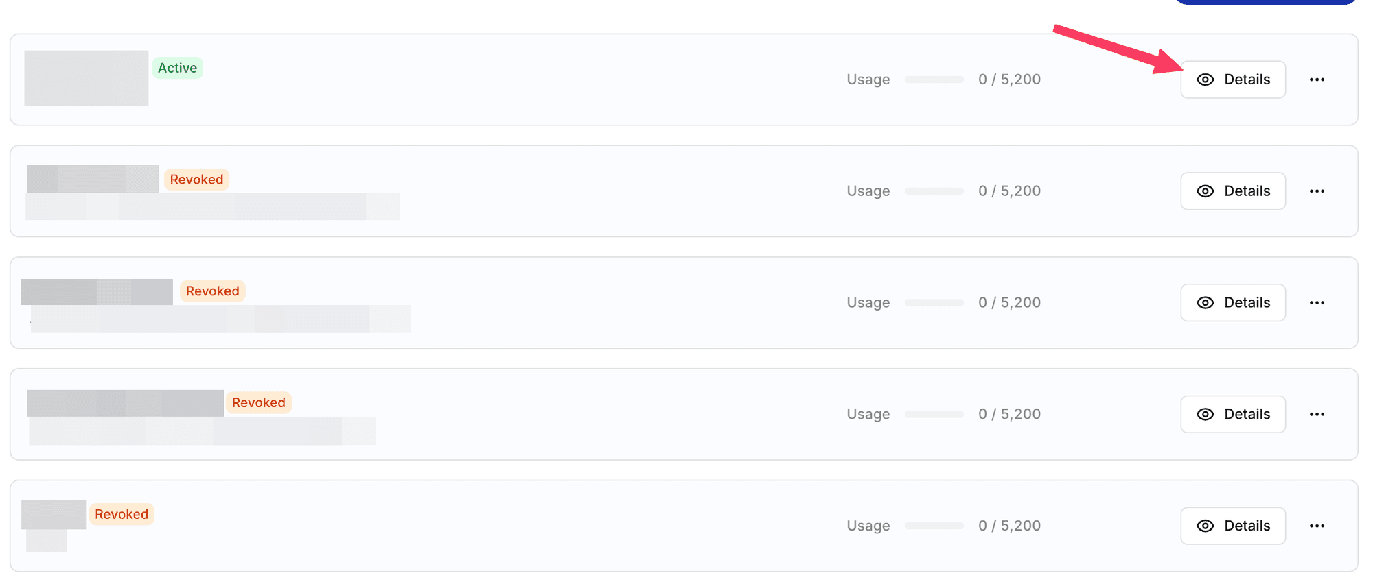 API keys list with the Details button highlighted on the Active key