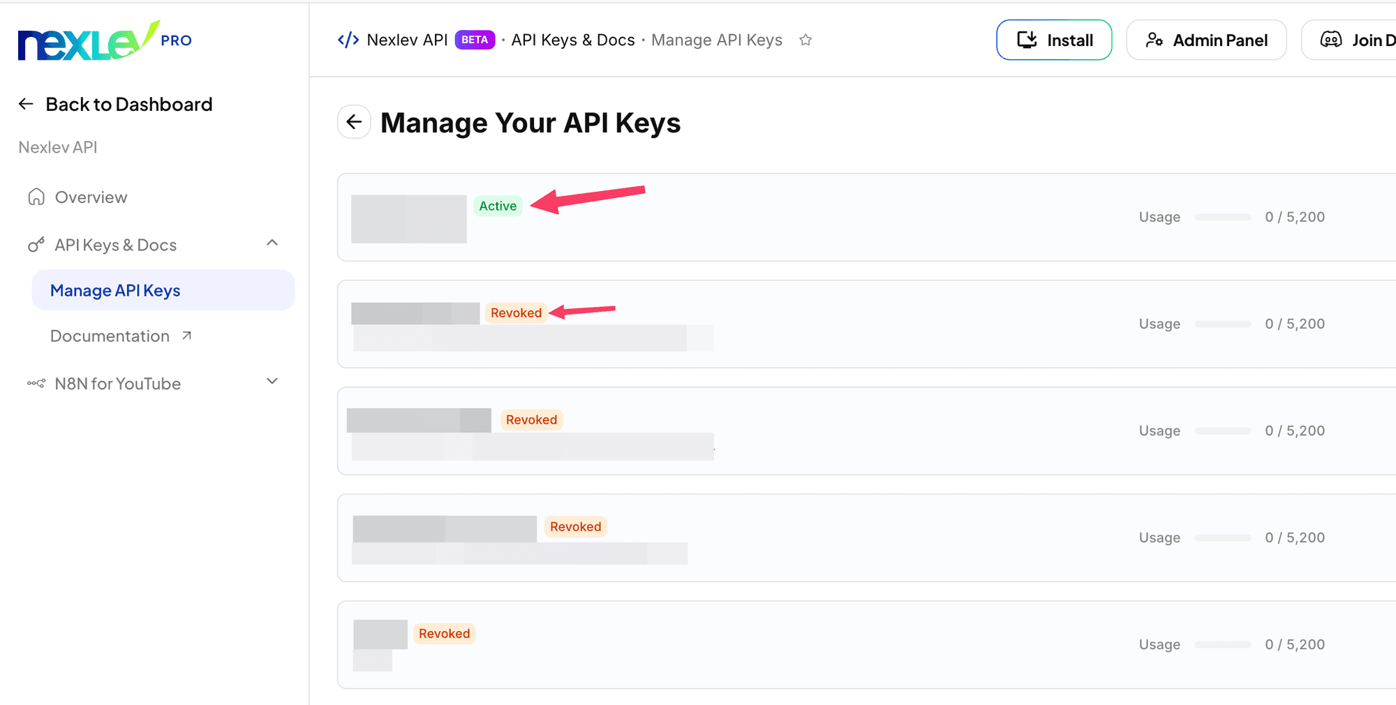 Manage Your API Keys page listing one Active key and several Revoked keys