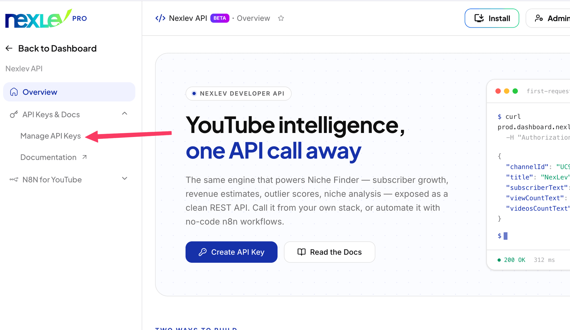 Nexlev API overview page with Manage API Keys highlighted in the sidebar
