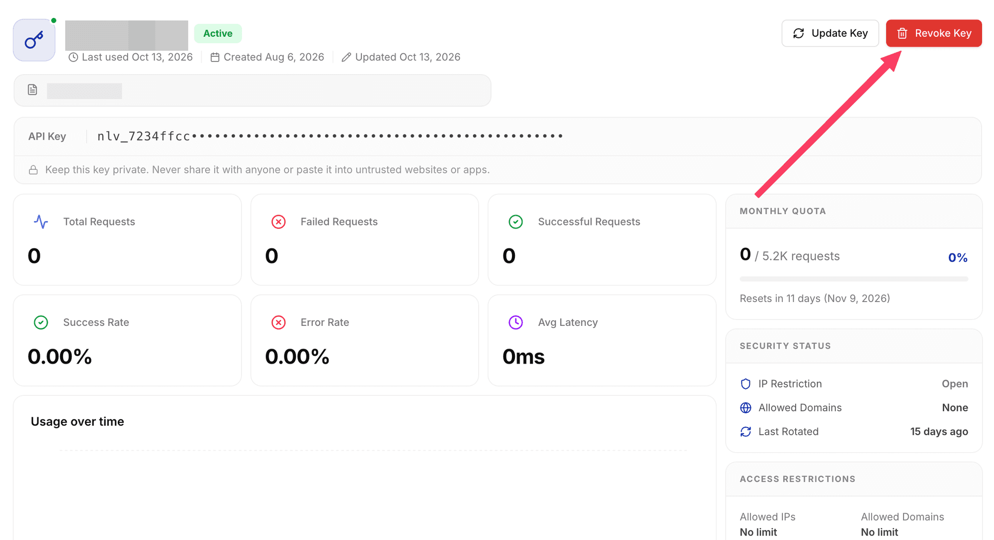 API key details page with the Revoke Key button highlighted