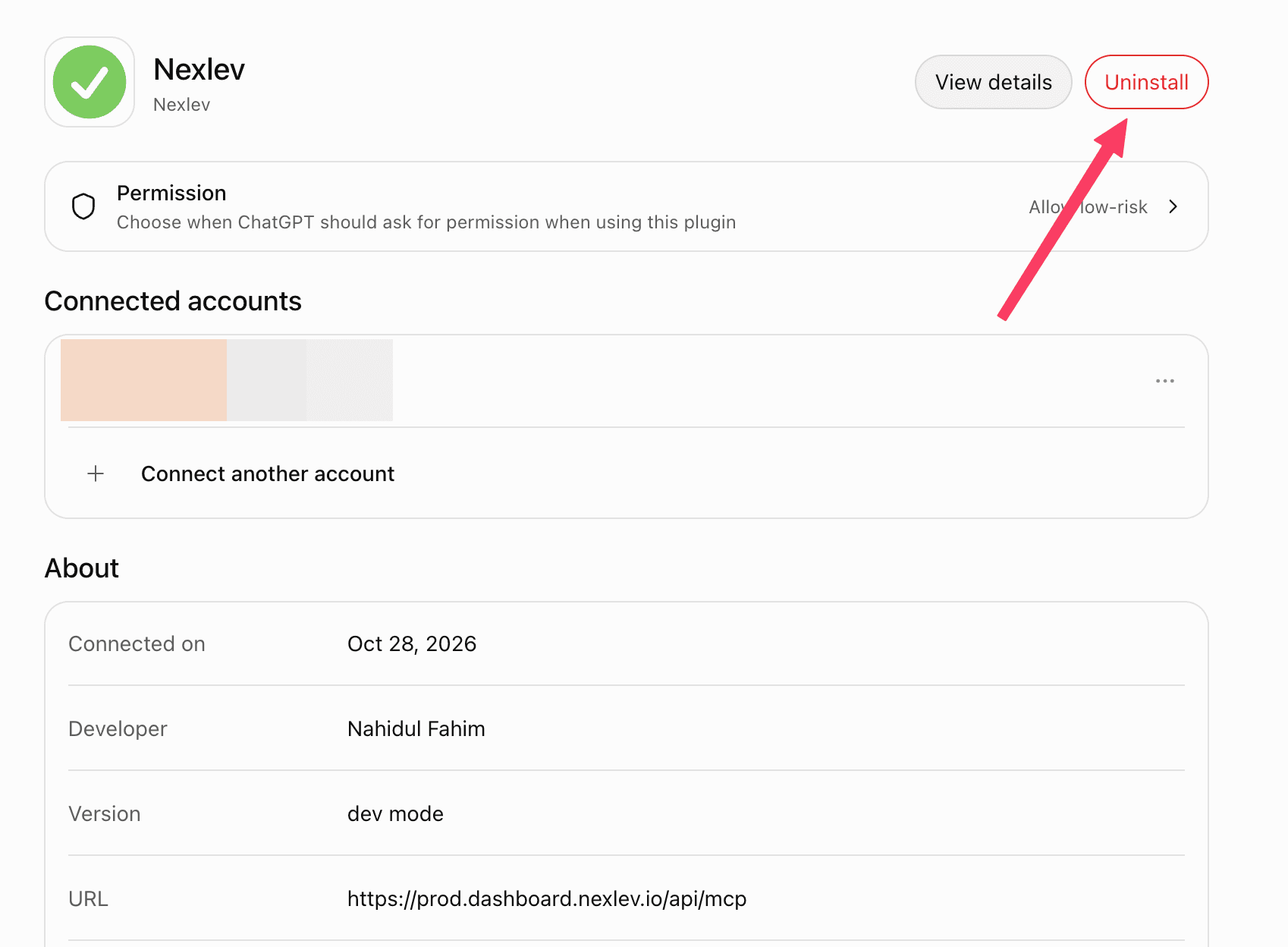Nexlev plugin page in ChatGPT with the Uninstall button highlighted