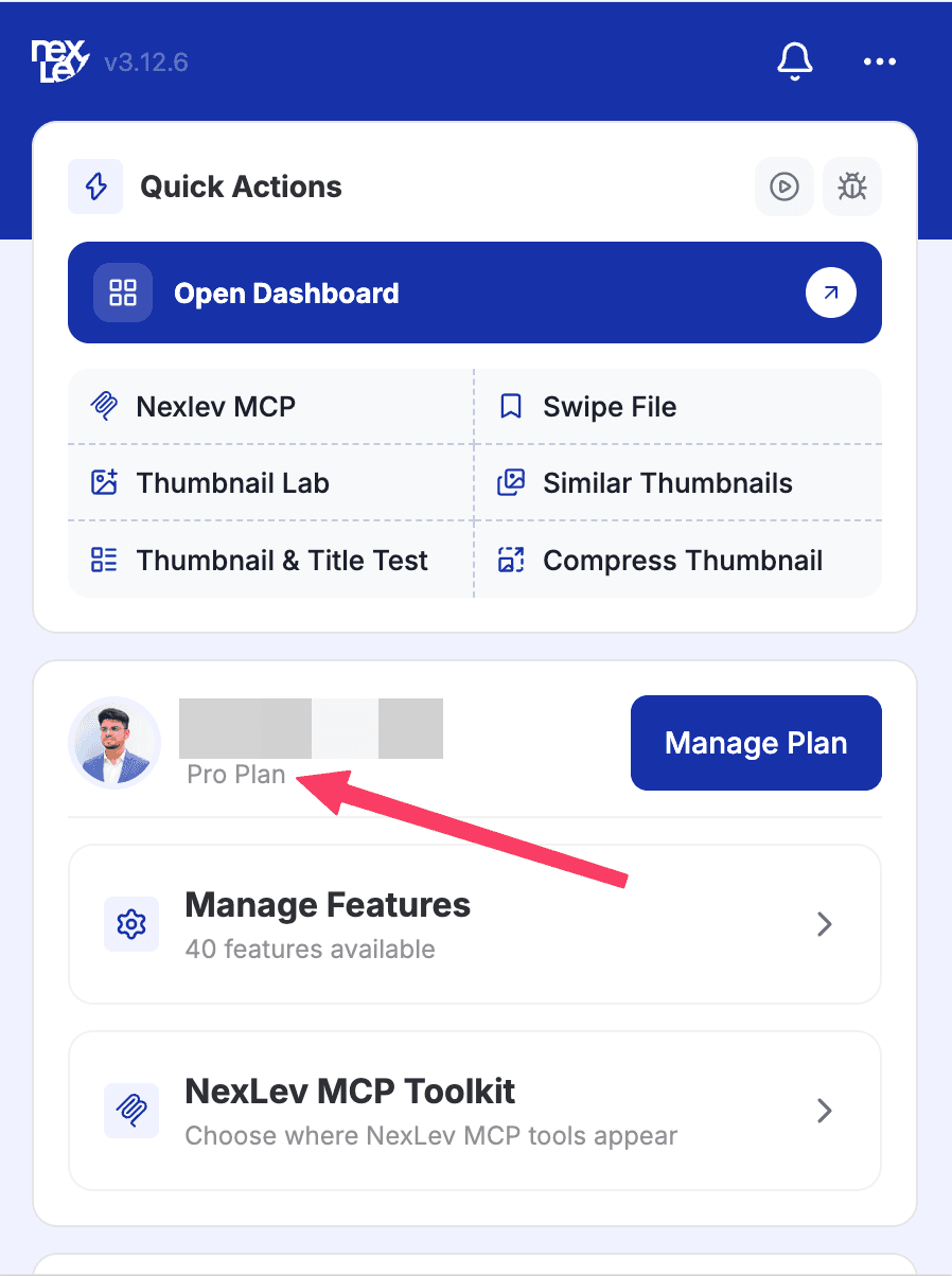NexLev extension popup showing Pro Plan beneath the user's name