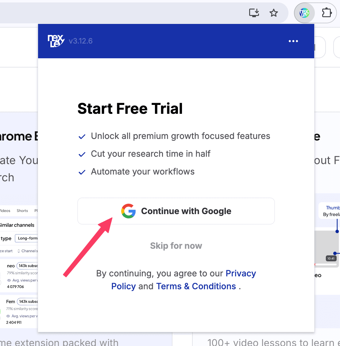 NexLev extension popup with the Continue with Google button highlighted