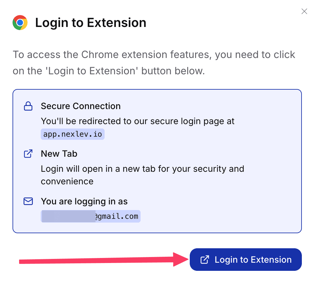 Login to Extension window showing the email you are logging in as, with the Login to Extension button highlighted