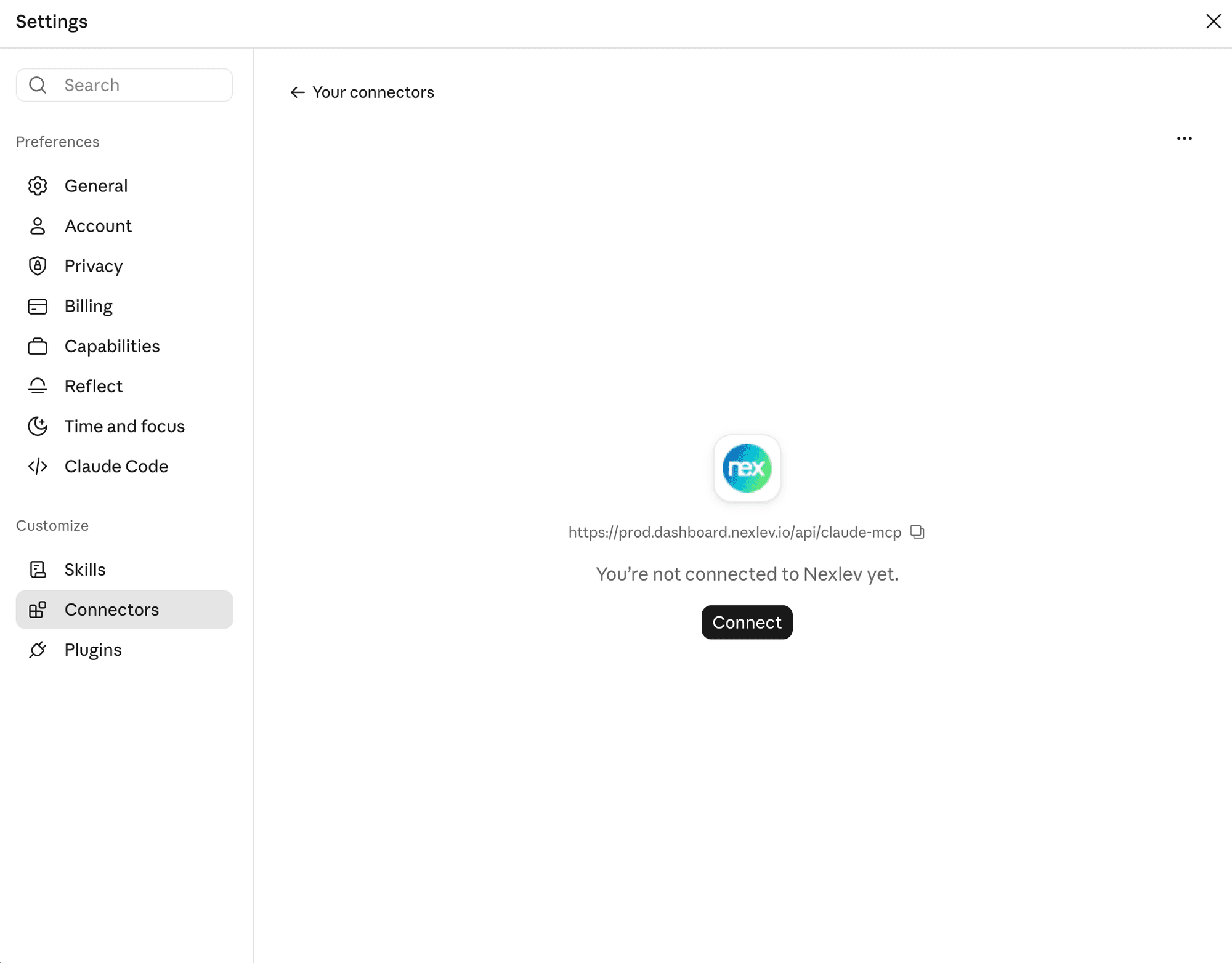 Nexlev connector in Claude showing You're not connected to Nexlev yet, with the Connect button