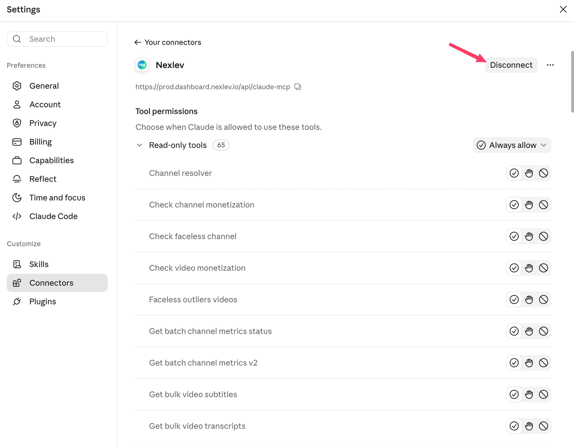 Nexlev connector settings in Claude with the Disconnect button highlighted