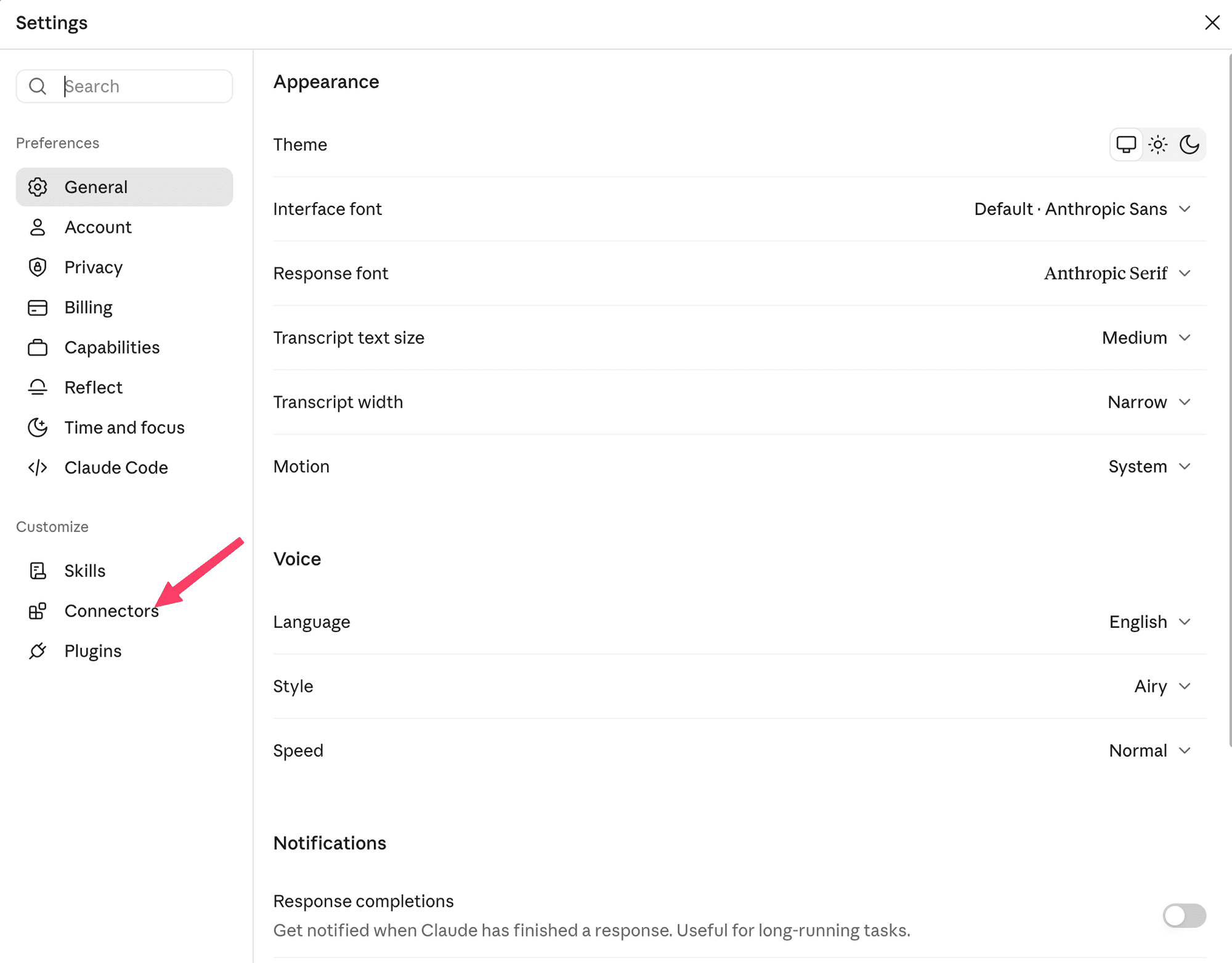 Claude Settings with Connectors highlighted in the sidebar