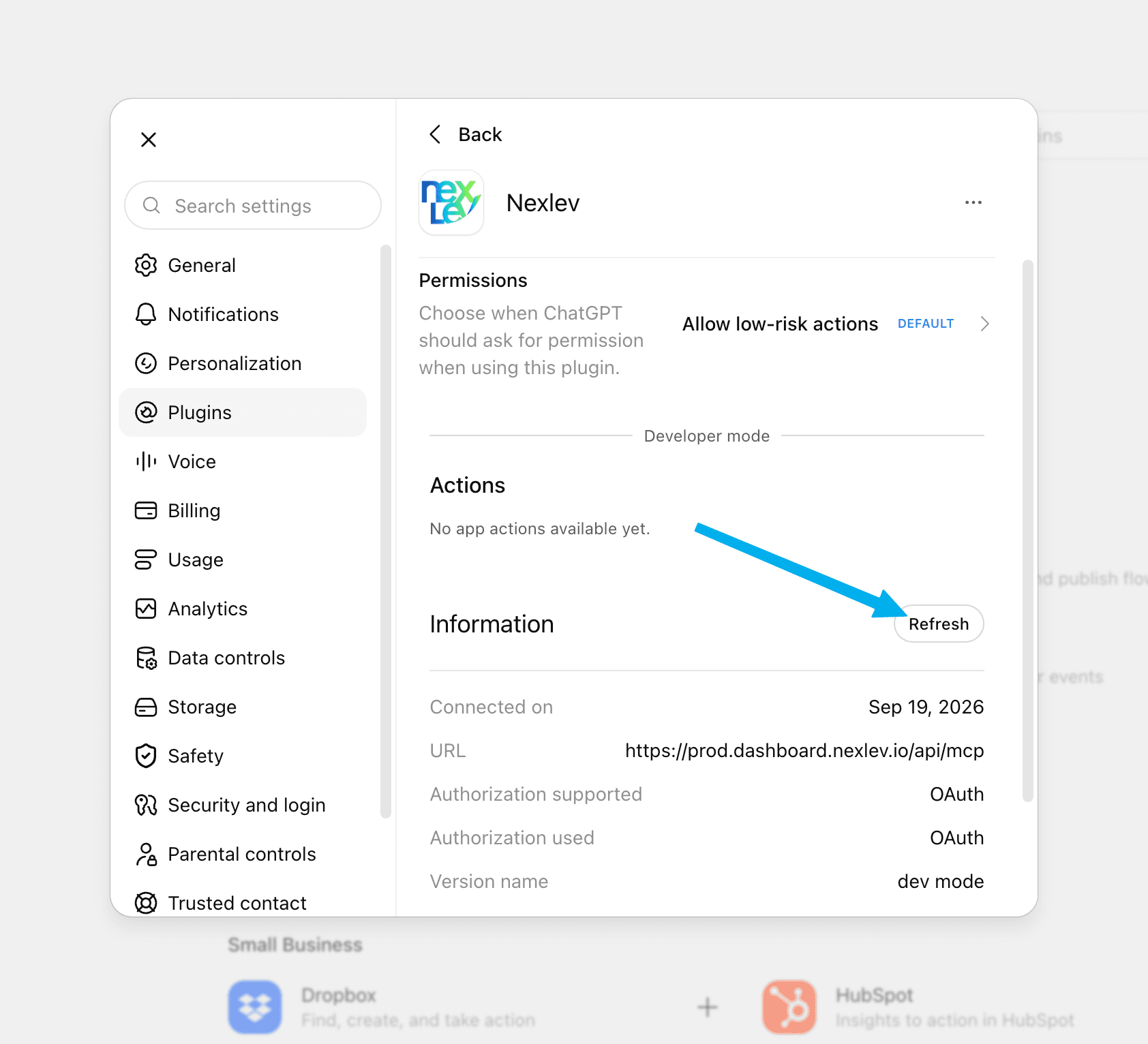 NexLev plugin settings in ChatGPT with the Refresh button in the Information section highlighted